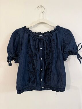 Navy Smocked-Waist Jean set - Blouse & Midi Skirt
